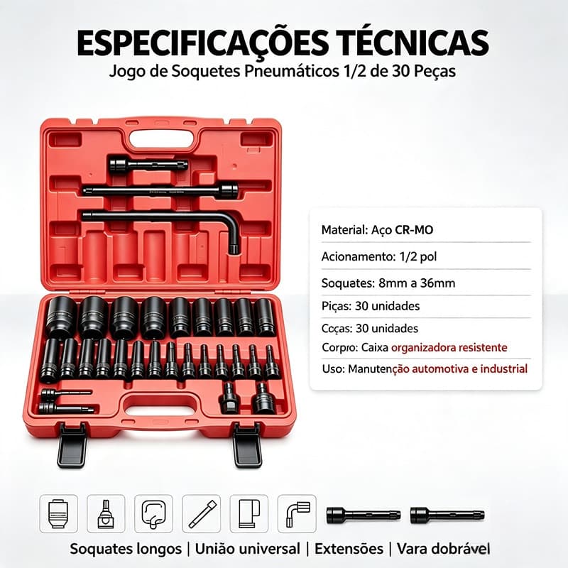 kit soquete impacto 1/2 cr-mo 30 peças soquetes longos pneumático chave impacto com maleta