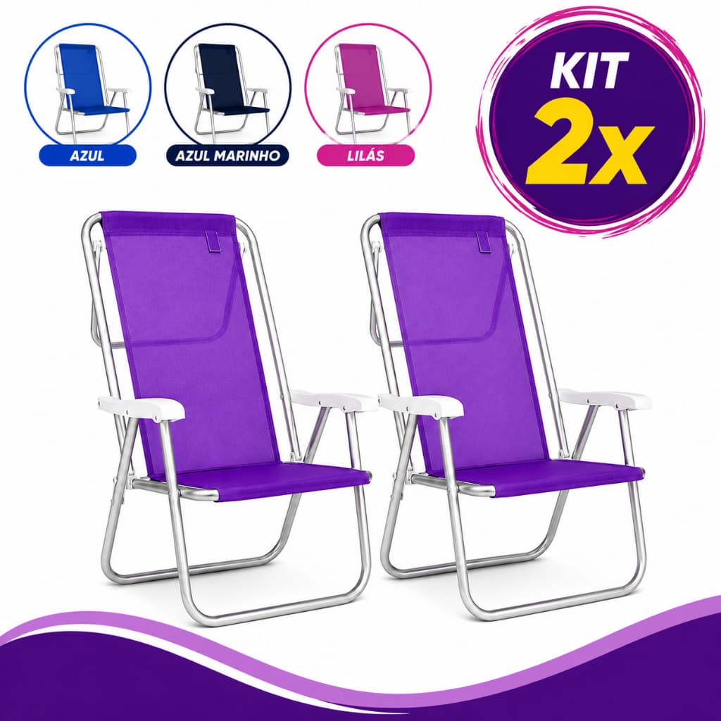 Kit 2  Cadeiras de Praia Reclinável Unidades Alumínio 8 Posições Suporta 100Kg