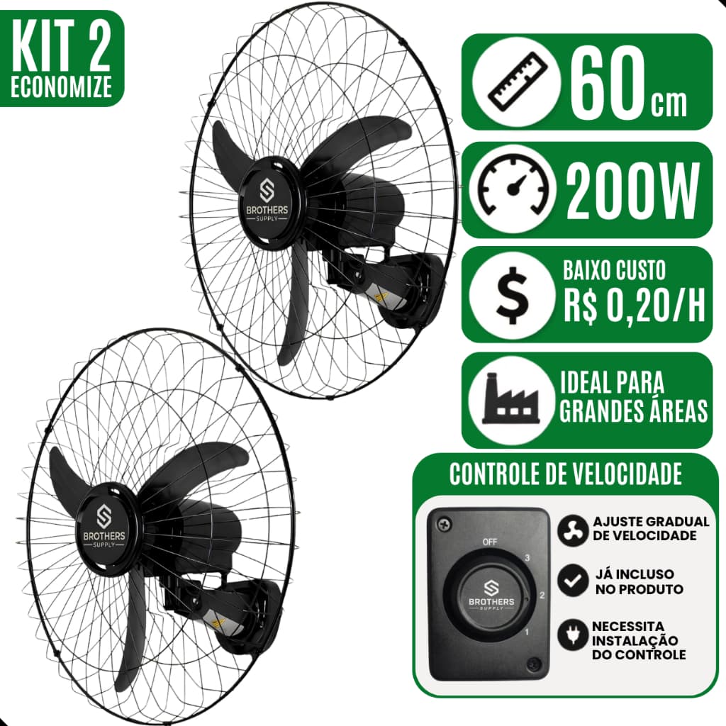 Kit 2 Ventilador de Parede 60cm Oscilante Bivolt Preto 200W Industrial Silencioso 3 Velocidades Loja Galpão