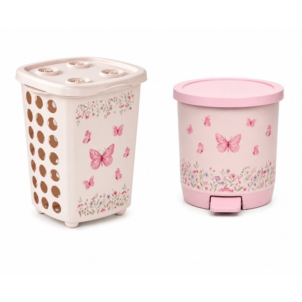 Kit 2 Peças Cesto De Roupas Sujas Infantil + Lixeira Decorada Plástica Limpeza Organização Quarto Bebê