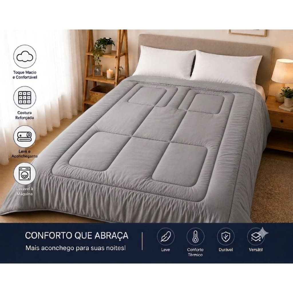 Edredom Cinza Dupla Face Casal/Queen 2,20m x 2,40m Micro Percal 400 Fios Toque Aveludado