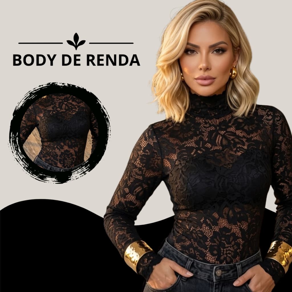 Body De Renda Feminino - Manga Longa De Renda Floral Tendência