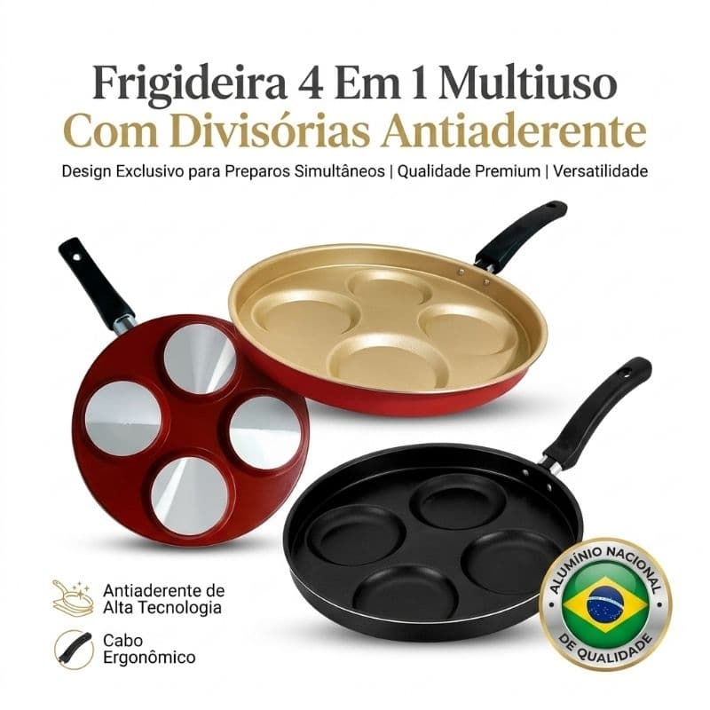 Frigideira Alumínio Antiaderente 4 em 1 Divisórias Multiuso Ovos Hamburguer Vermelha e/ou Preta