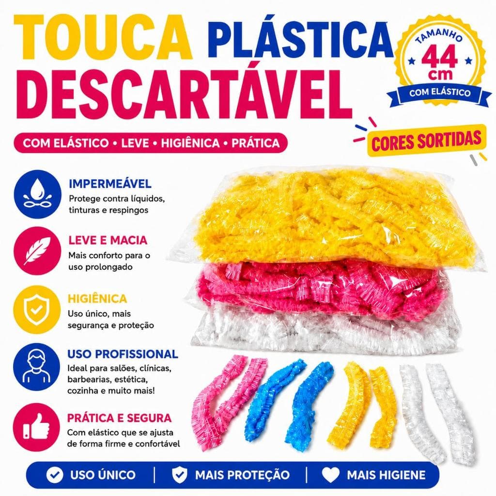 Touca Plástica Transparente Descartável Banho Salão Beleza  Spa e Estética de 44 CM.