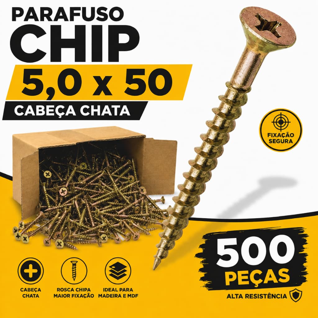 Kit Parafuso Chip 5,0x50 Cabeça Chata Phillips 100 200 500 Peças MDF MDP Madeira Marcenaria