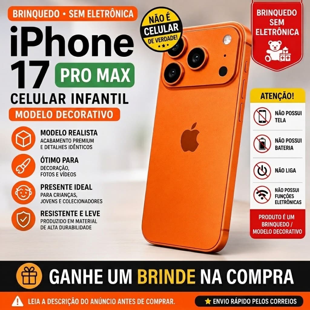 "iPhone 17 Pro Max Brinquedo | Celular Infantil Sem Eletrônica | Réplica Realista | *** GANHE BRINDE ***