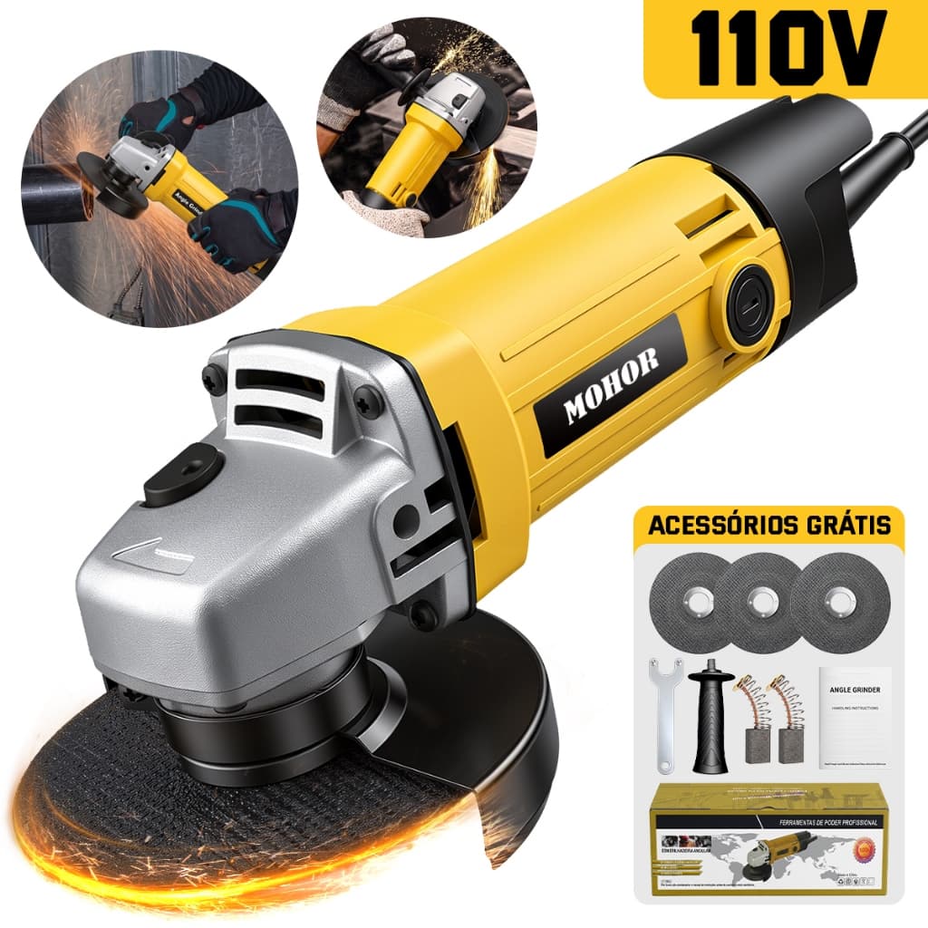 esmerilhadeira Angle Grinder 1100W 110/220V Cutting, Sanding, Polishing, Disc Kit for Metalworking and Renovation