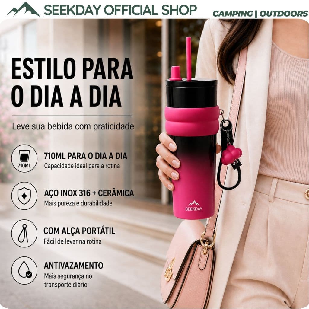 Seekday Garrafa Térmica 710ml Para Café e Água Inox 316 Com Canudo Cerâmica Antivazamento 12H
