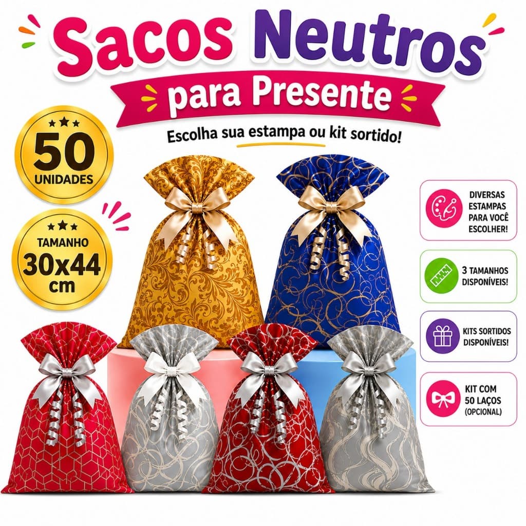 Sacos para Presente Metalizados Neutros 50 Unidades Embalagem para Presente Estampada 30x44cm Aniversário Festa
