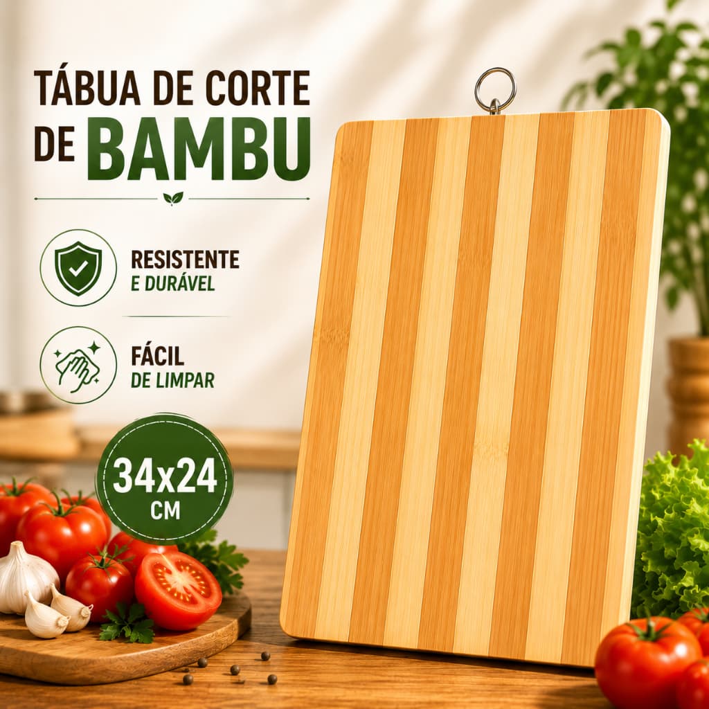 Tábua de Corte Bambu 34x24cm Tábua de Carne Churrasco Cozinha Legumes Frutas Queijos  com Alça Frios
