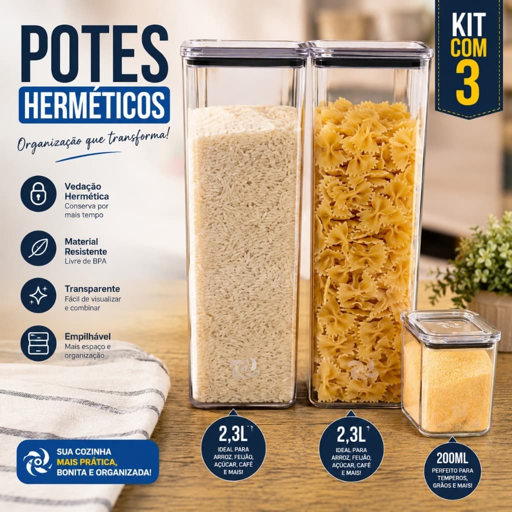 KIT 2 POTE HERMETICO DE 2,3L E 1 POTE HERMETICO DE 200ML ACRÍLICO RESISTENTE - COZINHA ORGANIZAÇÃO PORTA MANTIMENTOS