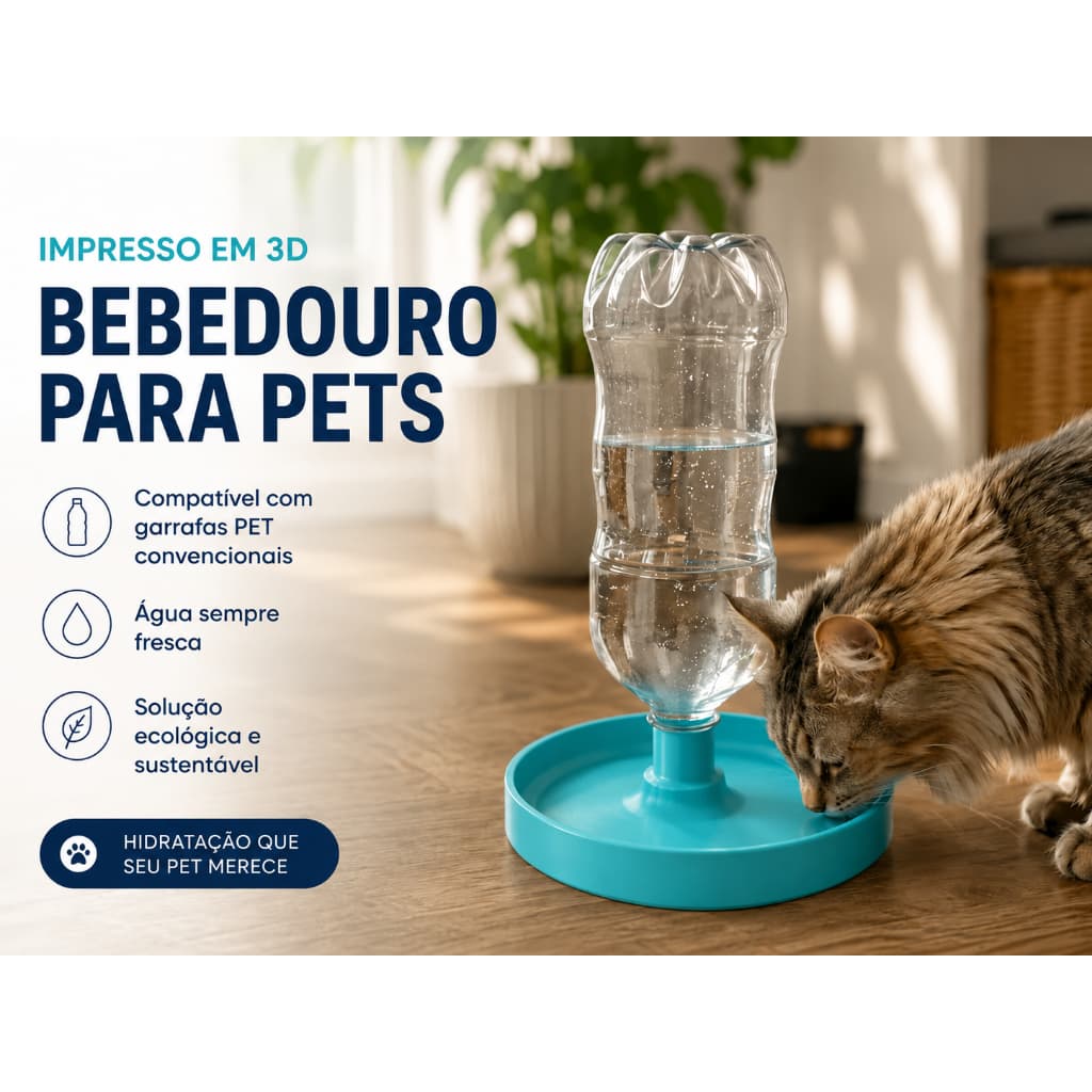 Bebedouro Automático para Gatos e Cachorros com Garrafa PET – Comedouro de Água para Pets Impresso em 3D