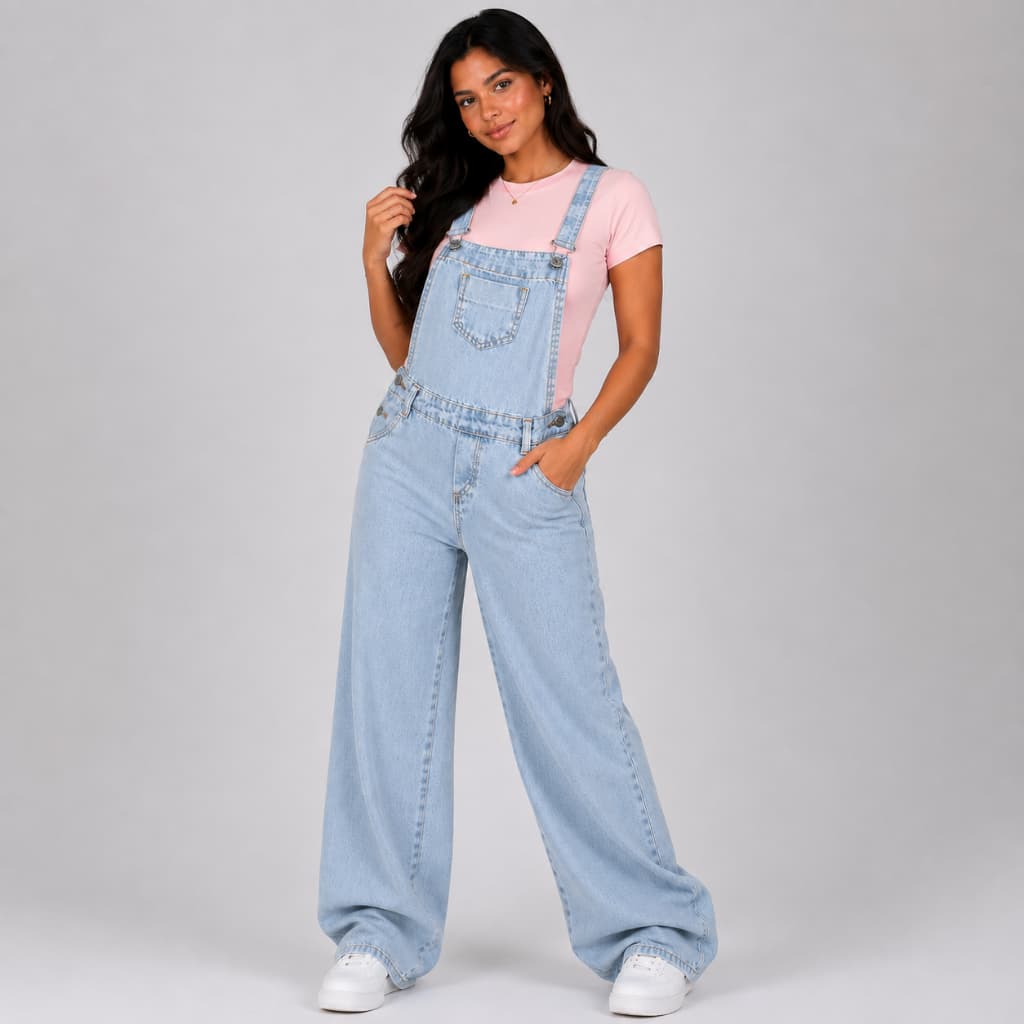 Jardineira calça marmorizada jeans com bolso frontal juvenil 10 ao 16 macacão