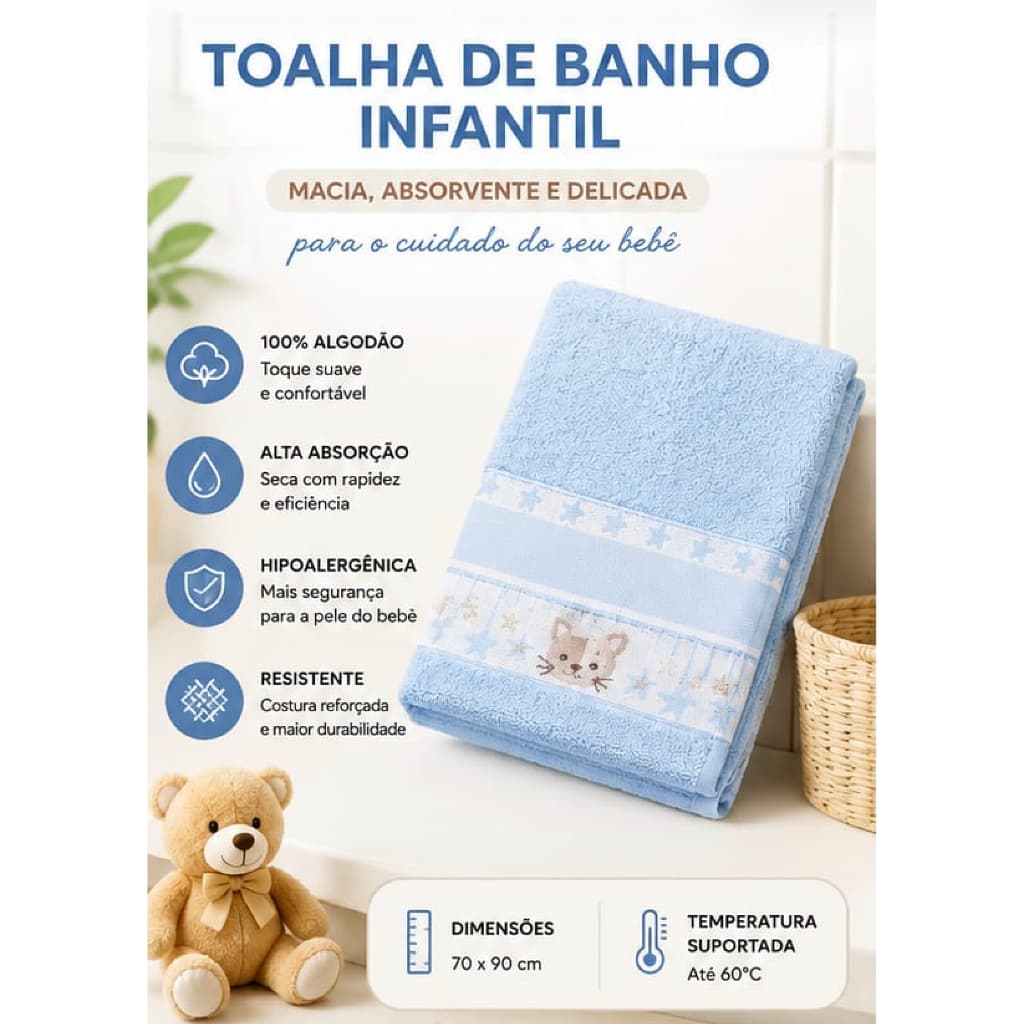 Toalha de Banho Infantil Algodão 70x110 – Leve e Absorvente