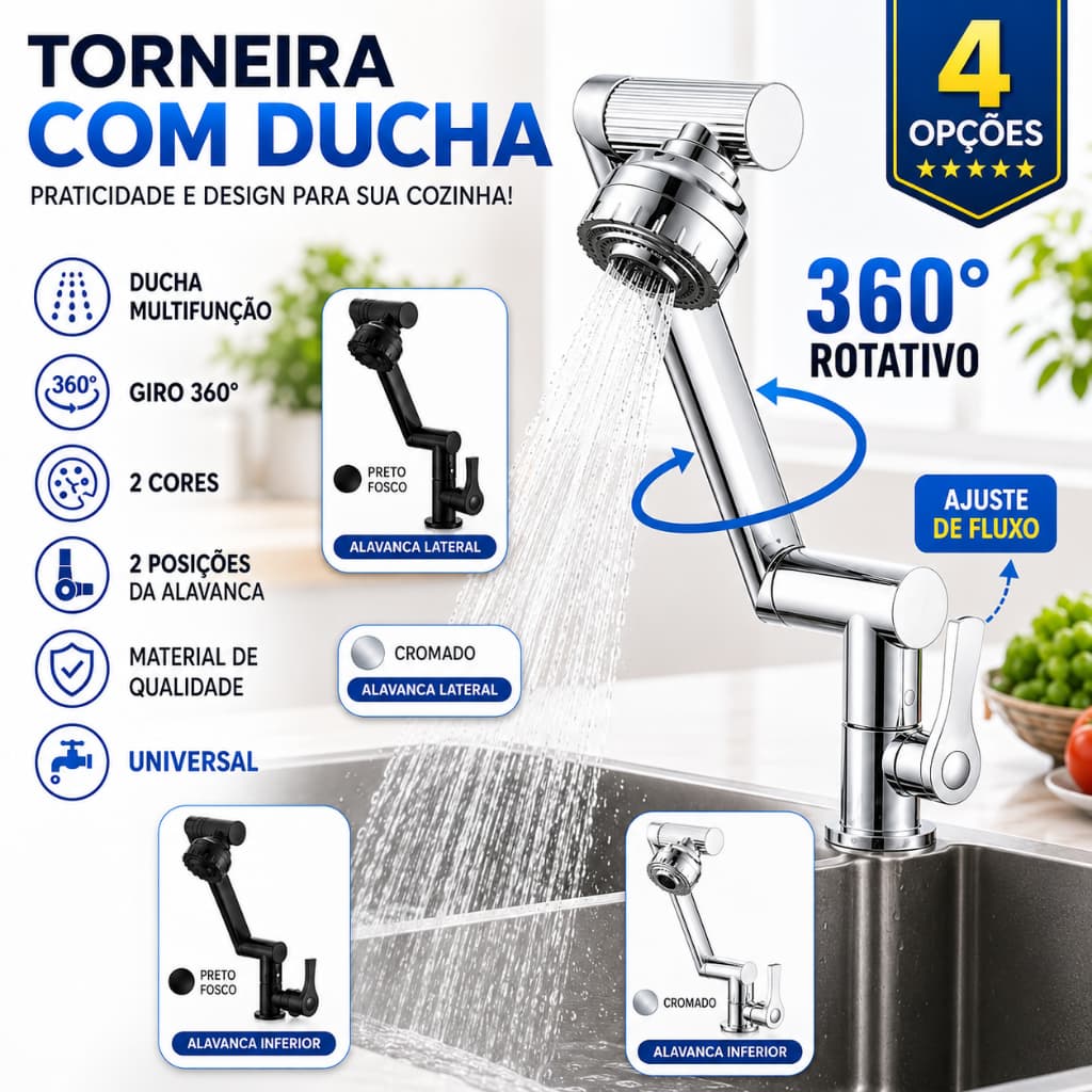 Torneira Articulada 360° com Ducha 4 Modos para Cozinha e Banheiro Giratória Multiuso