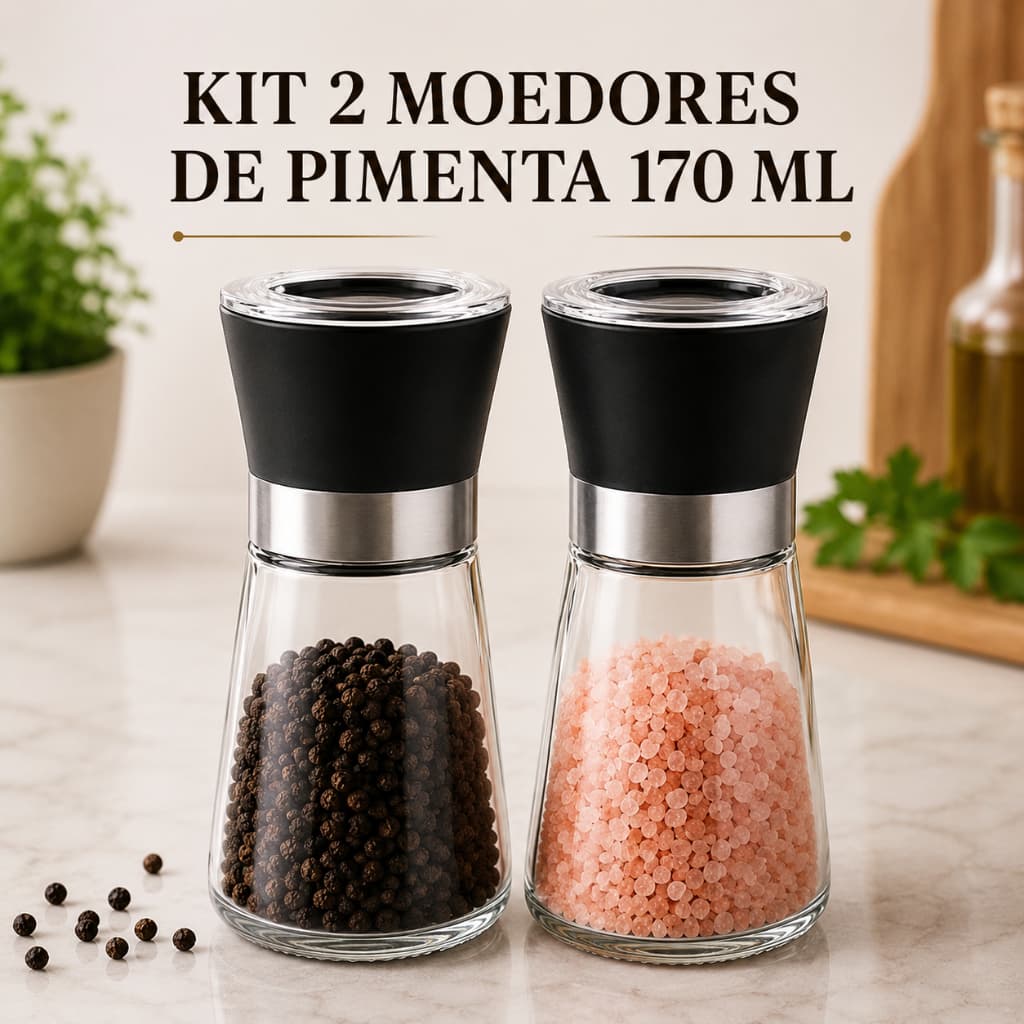 kit 2/1 Moedor Pimenta Sal Grosso Temperos Manual Ajustável Vidro Inox Gourmet Premium Cozinha Restaurante Churrasco