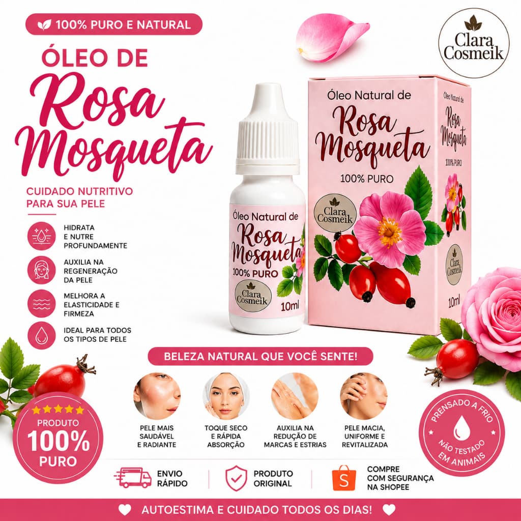 Óleo de Rosa Mosqueta 100% Puro 10ml Clara Cosmetik — Regenerador Facial, Uniformiza o Tom e Hidratação