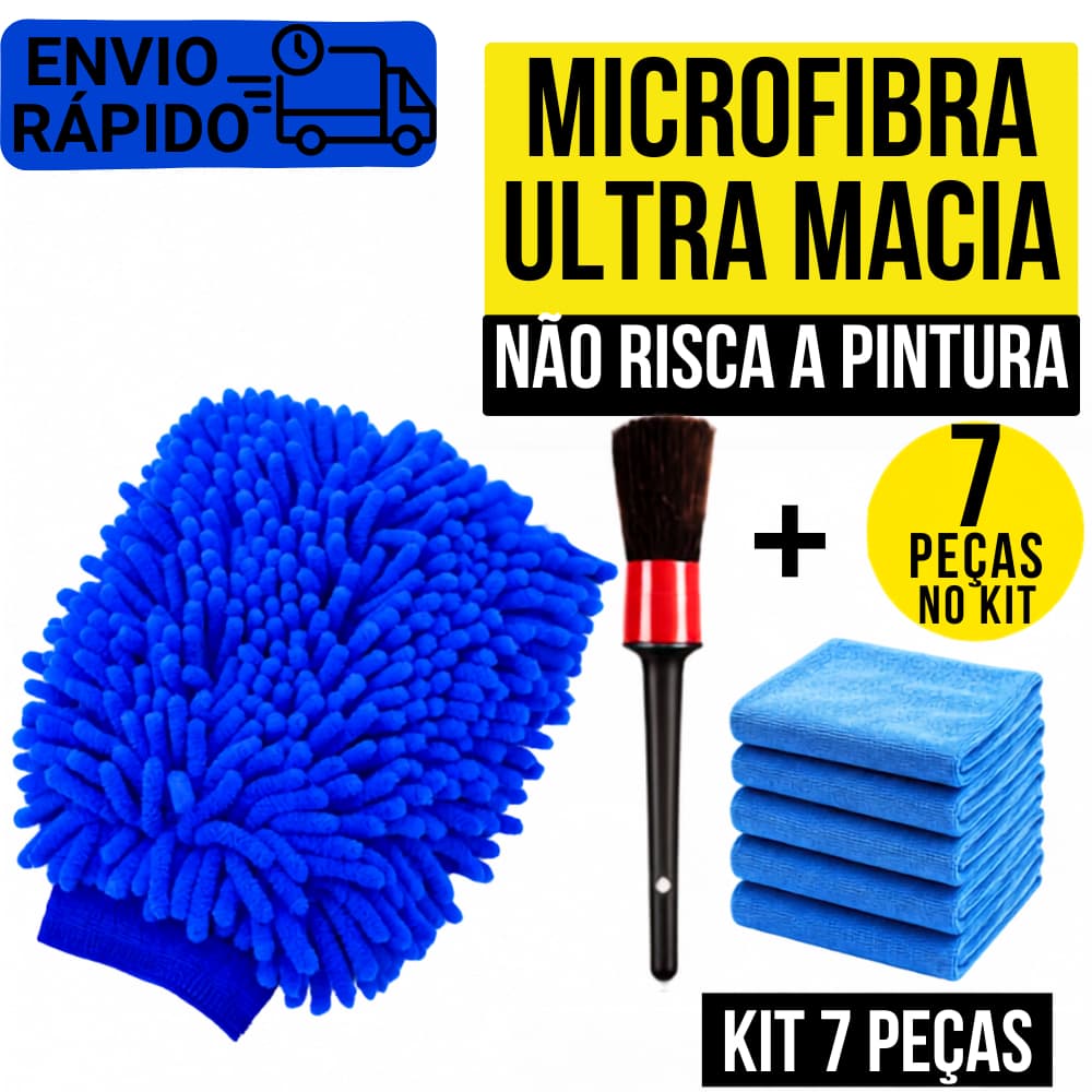 Kit Luva Microfibra Grande 24x15 Lava Carro Moto Não Risca a Pintura 5 Panos Macios Reutilizável e Pincel Detalhamento