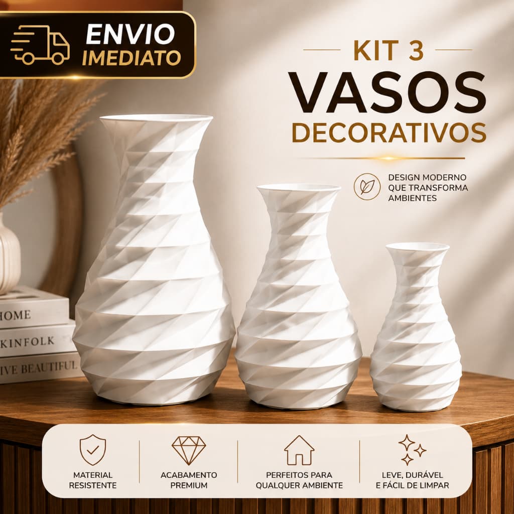 Kit 3 Vasos Decorativos Geométricos Modernos Branco Sala Estante Aparador Decoração