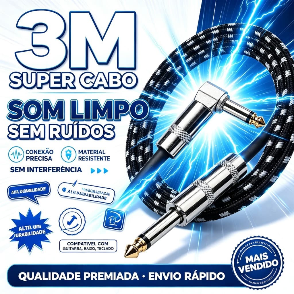 Cabo P10 3M Profissional Blindado para Guitarra Violão Baixo Teclado Bateria Eletrônica Amplificador Mesa de Som 90°