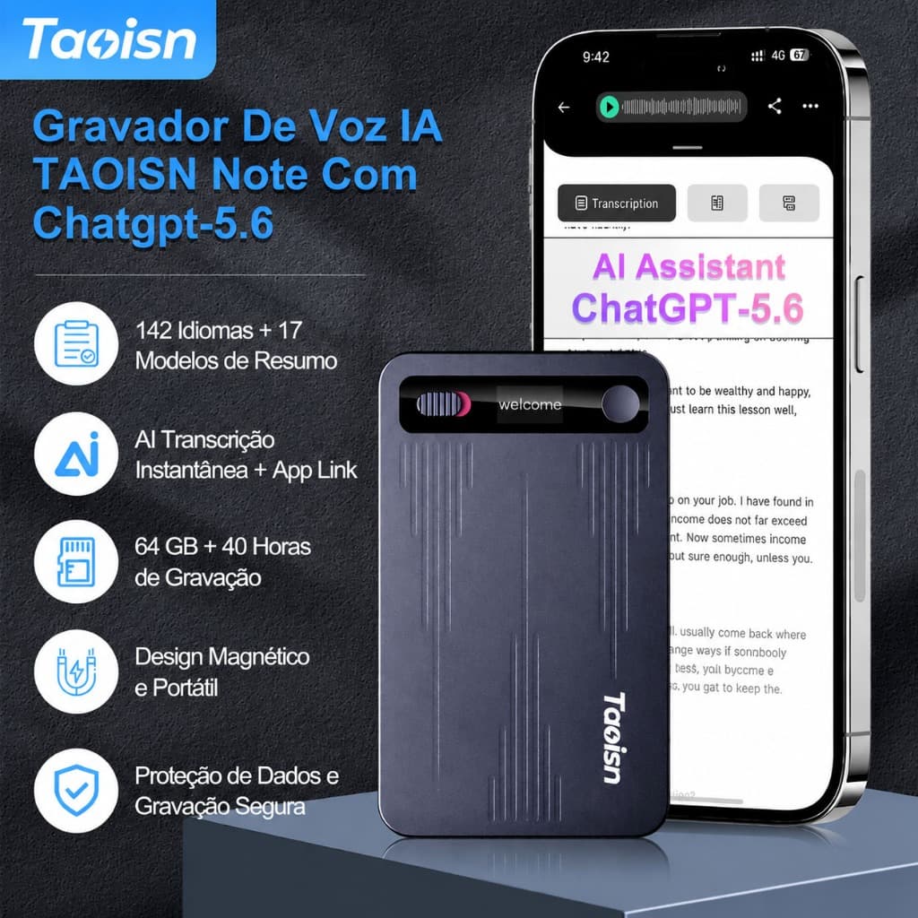Gravador De Voz Taoisn Ai Com Chatgpt-5.6 64Gb E Transcrição Em128 Idiomas,transcricao Precisa Com Taxa De Precisao D99%