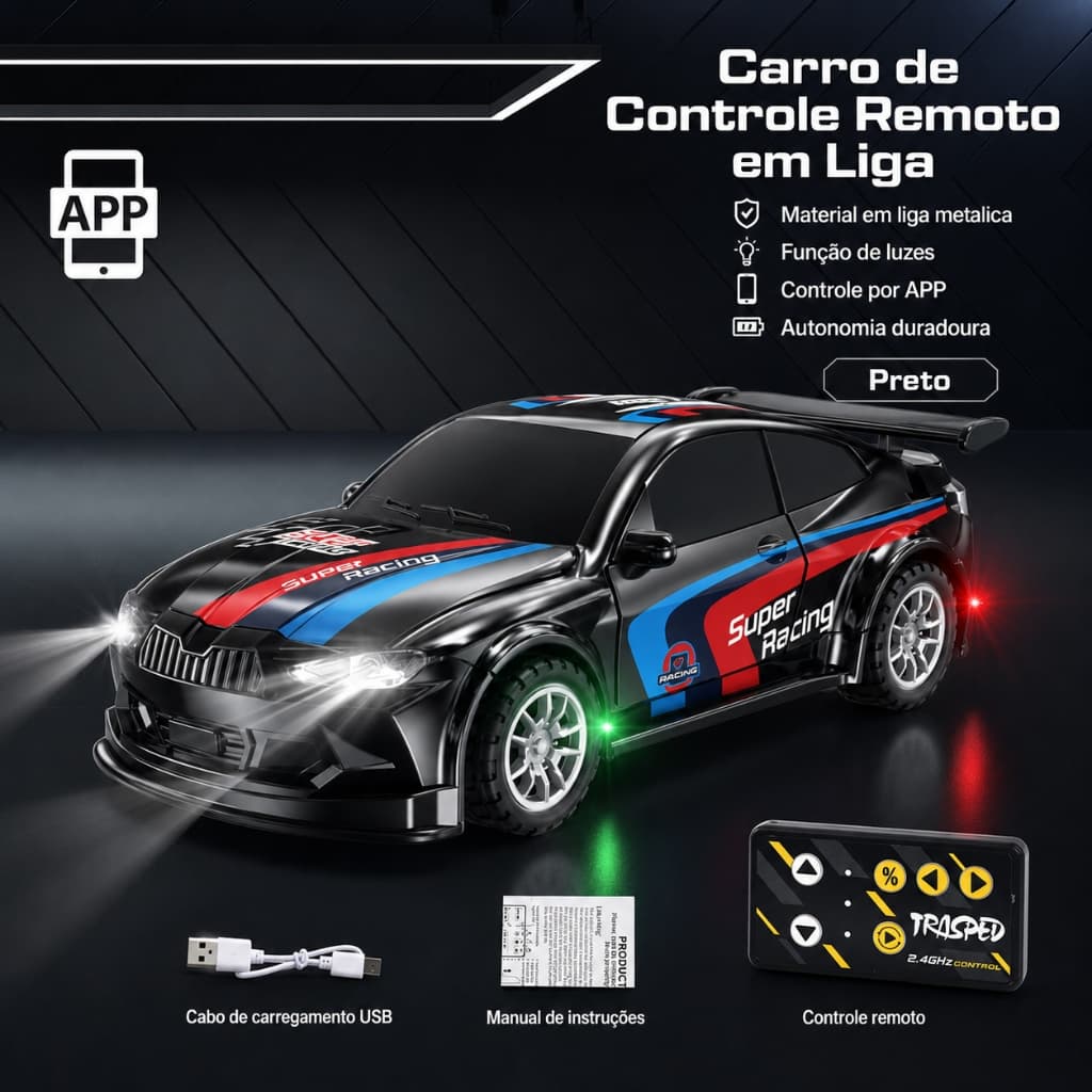 Carrinho Controle Remoto RC 1:64 Liga Metálica 2.4G Carro de Corrida com Luz LED USB Recarregável App Bluetooth
