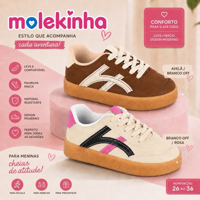Tênis Infantil Molekinha Casual Confortável Escolar Blogueirinha Original