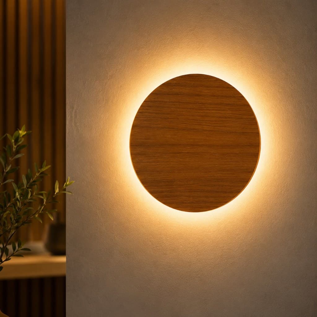 Arandela LED Eclipse Madeira Freijó Luz Indireta 3000K Decorativa Moderna Sala Quarto Luxo