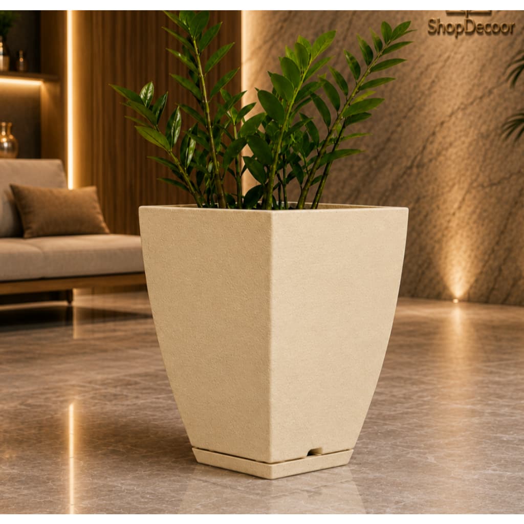 Vaso para Planta Bojo Quadrado com Prato Resistente Decorativo Em Polietileno 29X22