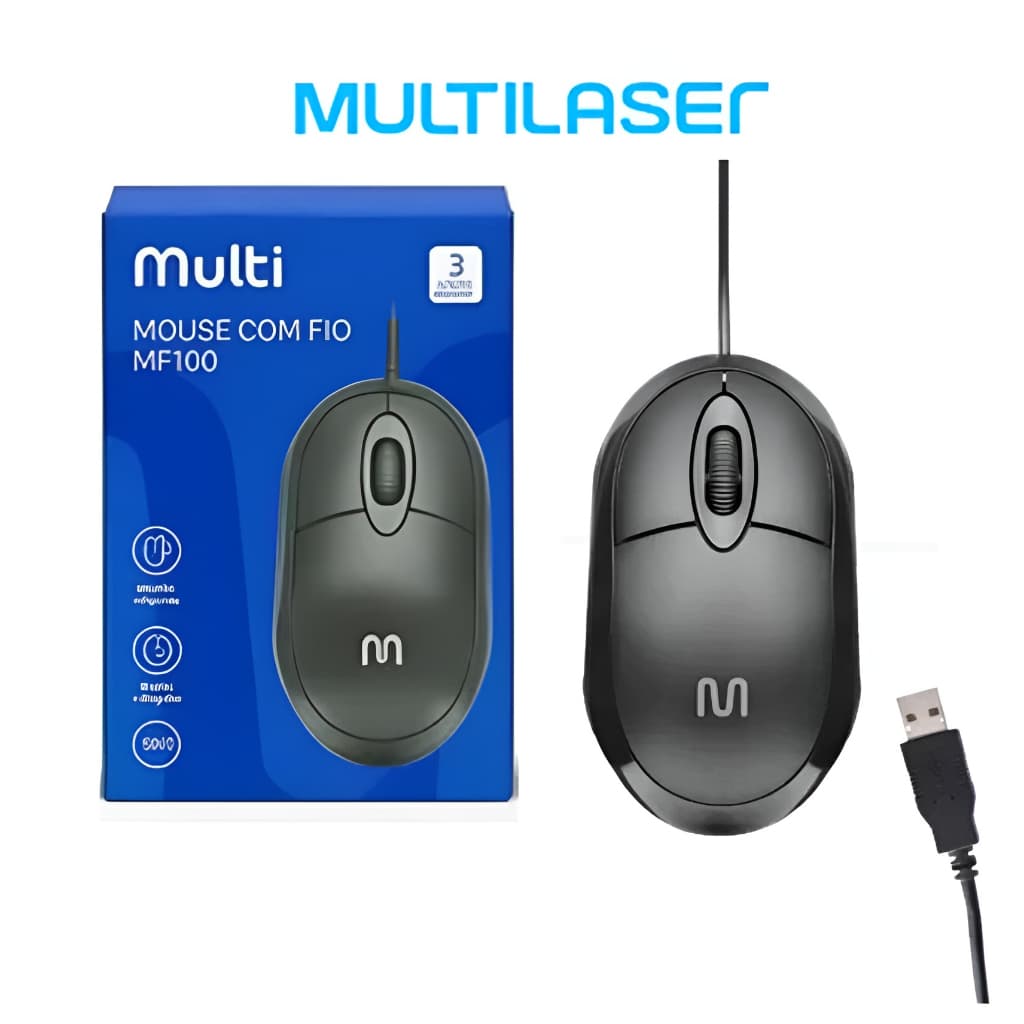 Mouse Com Fio USB Multi MF100 Óptico 1200 DPI Plug & Play Original Óptico Simples Básico Multilaser