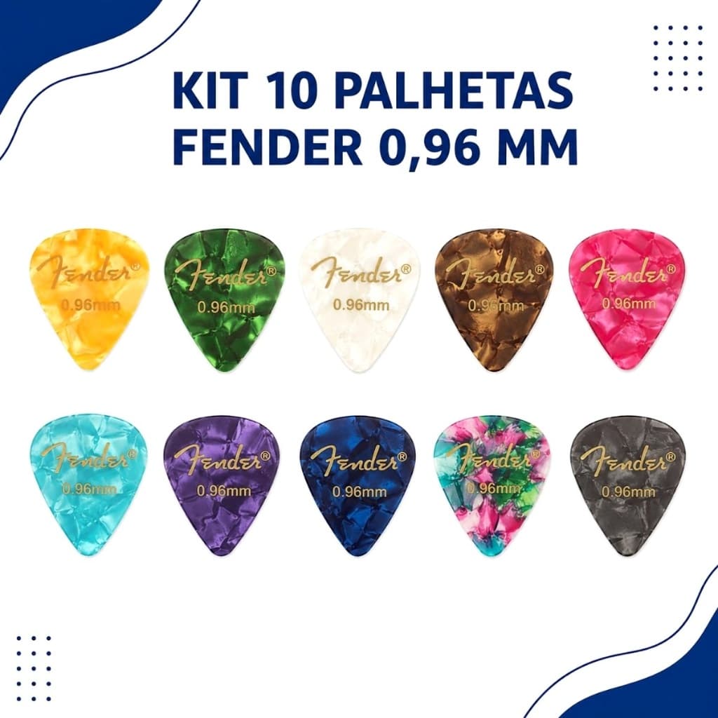 Kit 10 Palhetas Fender 0,96mm para Violão Guitarra Baixo Ukulele Cavaco Cores Sortidas