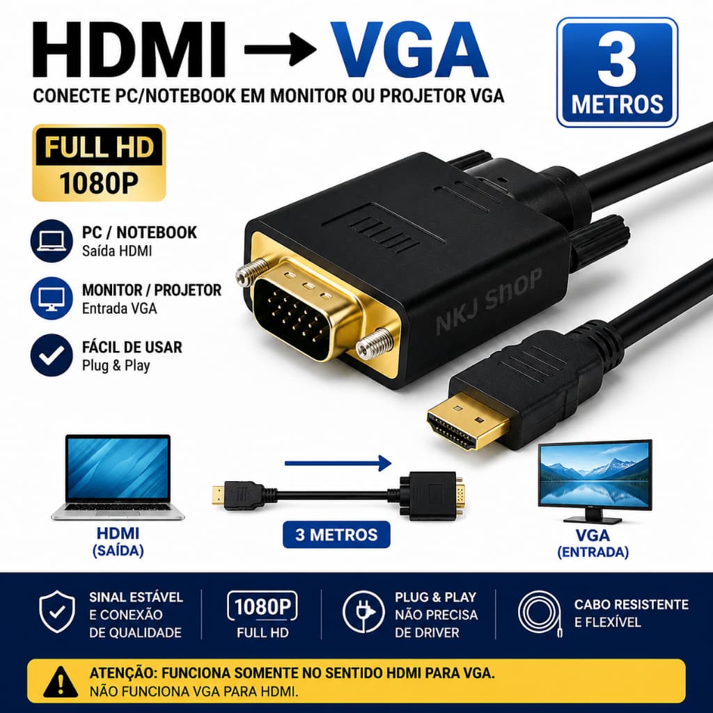 Cabo HDMI para VGA 3 Metros Conversor 1080p PC Notebook Monitor
