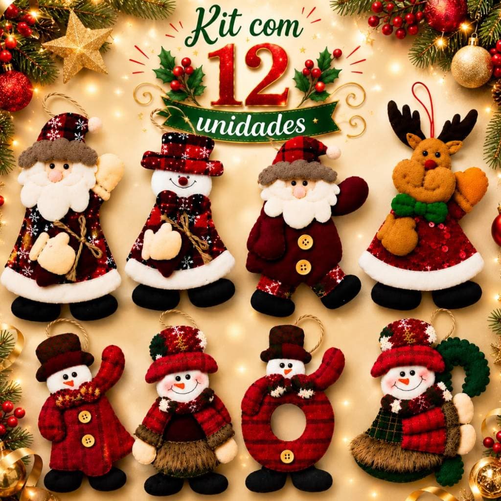 Enfeite de Natal Pendente Pelucia Papai Noel em Feltro para Árvore Cesta Presente Kit 8 ou 12
