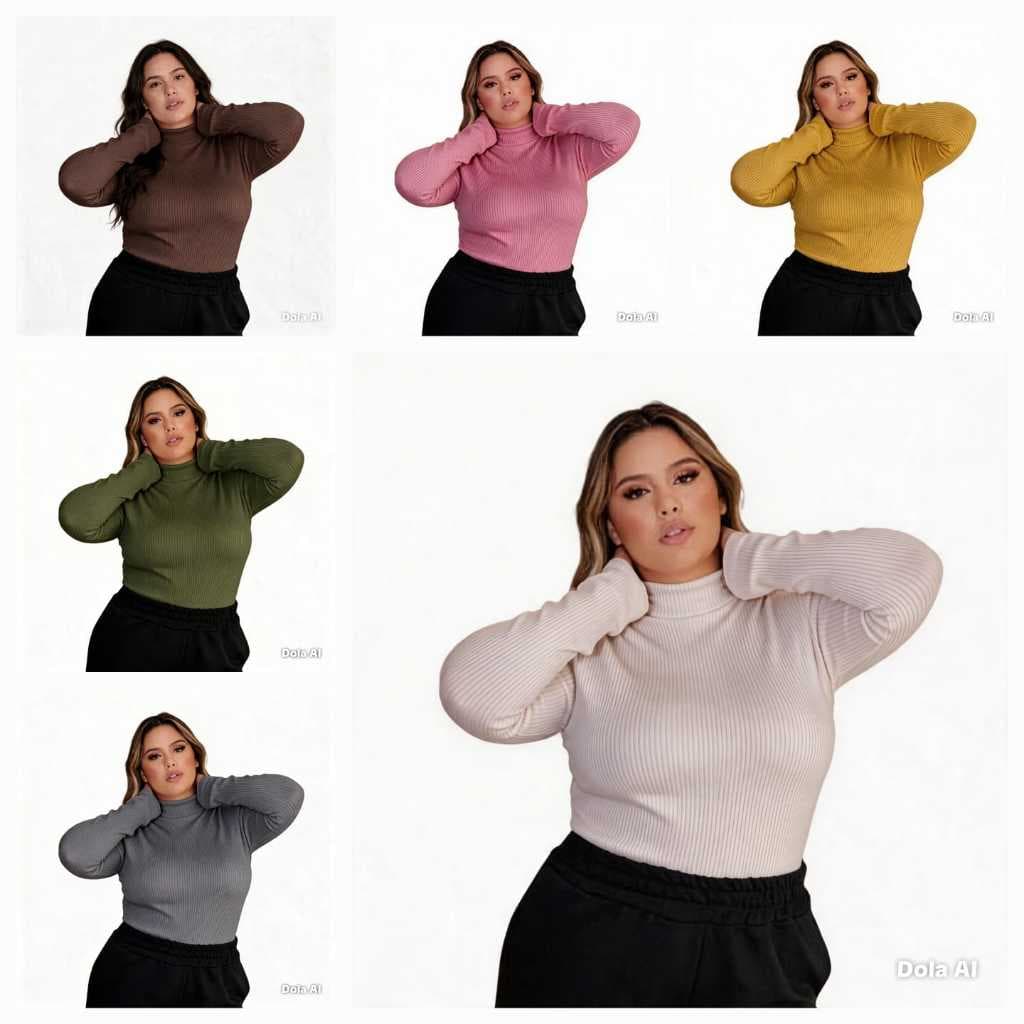 Kit 6 Blusa Feminino Cacharrel Plus Size Segunda Pele Manga Longa Canelado Tamanho G1,G2,G3