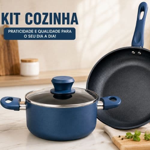 Kit Frigideira 24cm + Panela Cerâmica 18cm com Tampa Azul Antiaderente