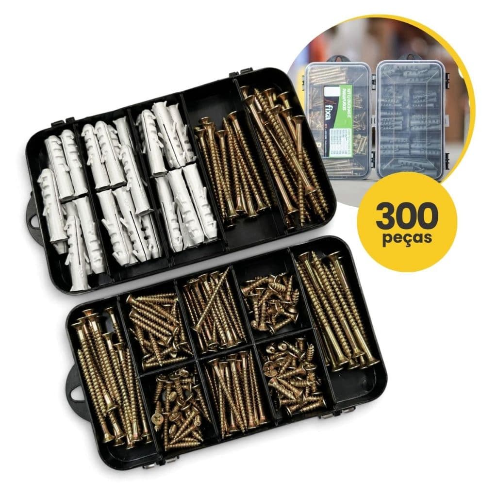 Kit 300 Parafusos Chipboard e Buchas Estojo Organizador Duplo Marcenaria DIY Fixação Parede Uso Geral Consertos