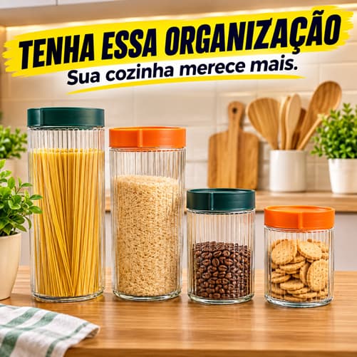 Conjunto 4 Potes de Vidro com Tampa 1L e 500ml Herméticos para Mantimentos Cozinha Despensa