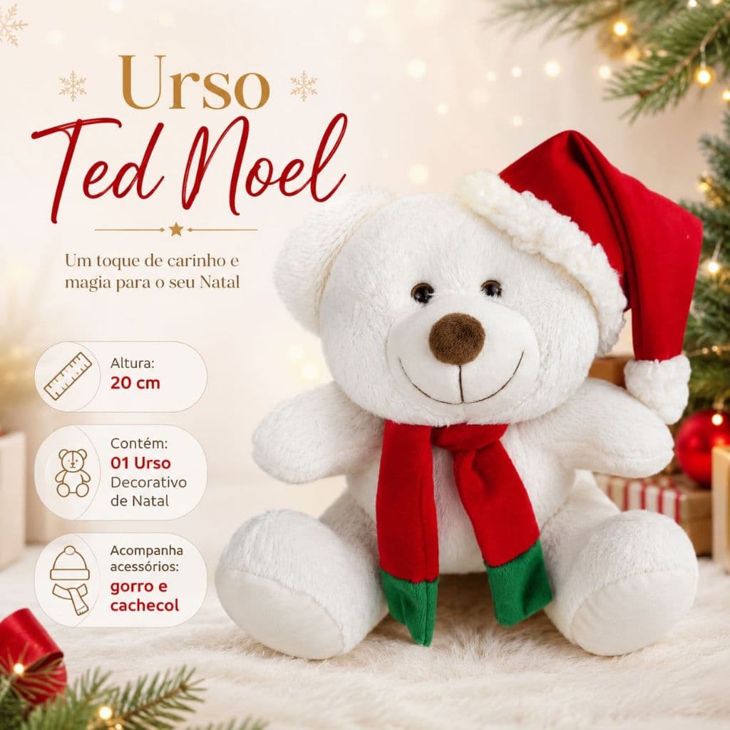 Urso de Natal Ted Noel Pelúcia 20cm com Gorro e Cachecol Decoração Natalina Presente