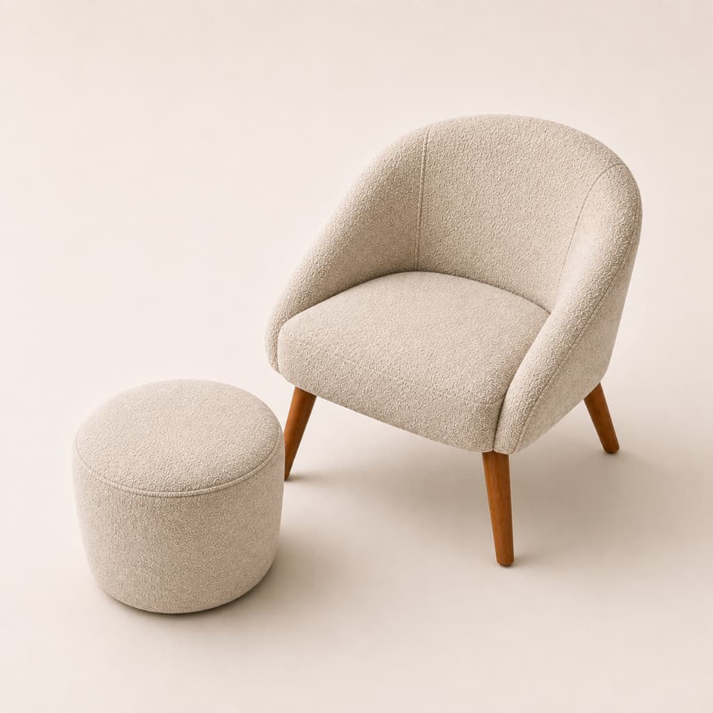 Poltrona Luna  + Puff Redondo Veludo, Boucle e Linho Design Orgânico e Moderno | Sala, Quarto , Escritório e Decoração