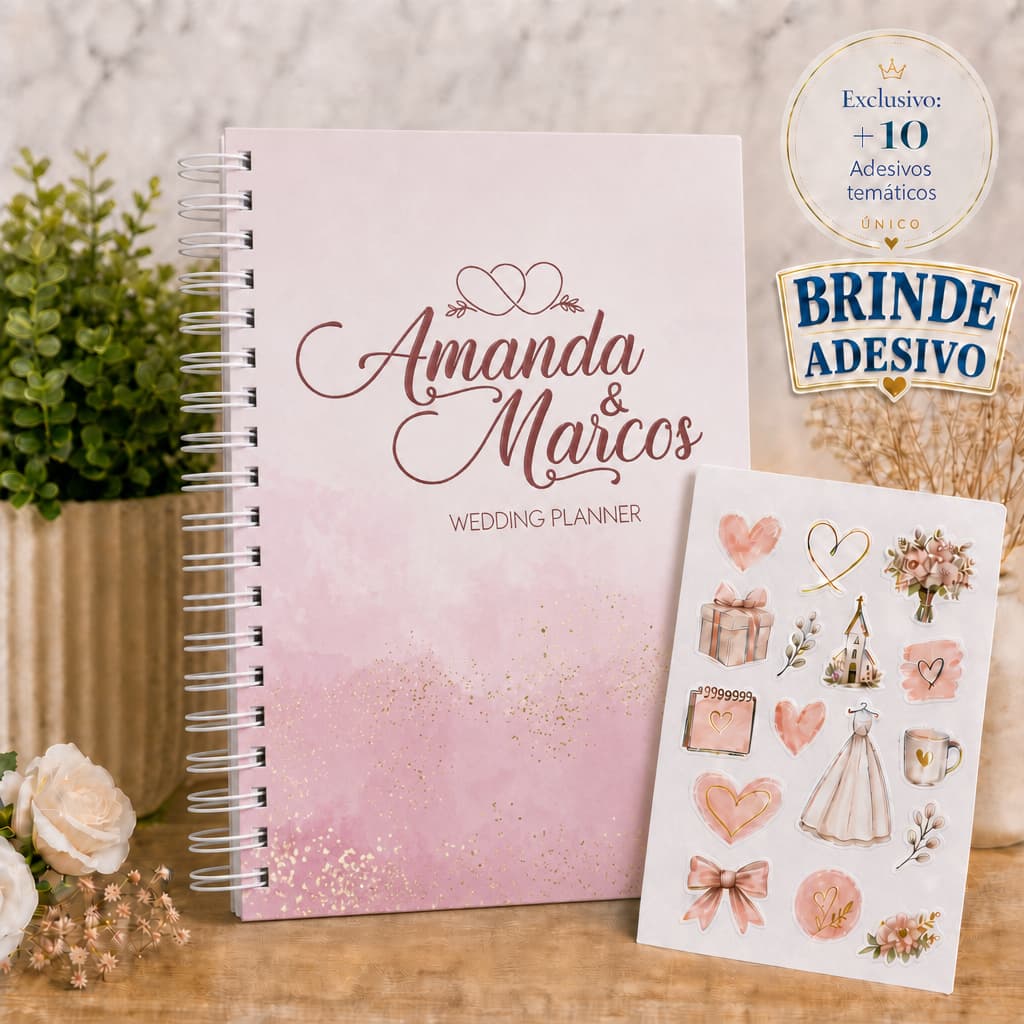 Planner da Noiva Rosa Gliter Agenda Casamento 298 Páginas Personalizado Checklist Organização A5 com 10 adesivos