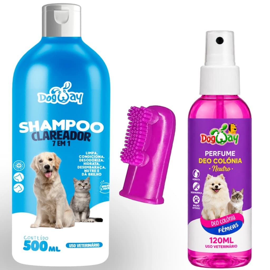Kit Shampoo Condicionador Pet - 500 ml + Perfume + Escova de Dente de Silicone para Cachorro e Gato Pet