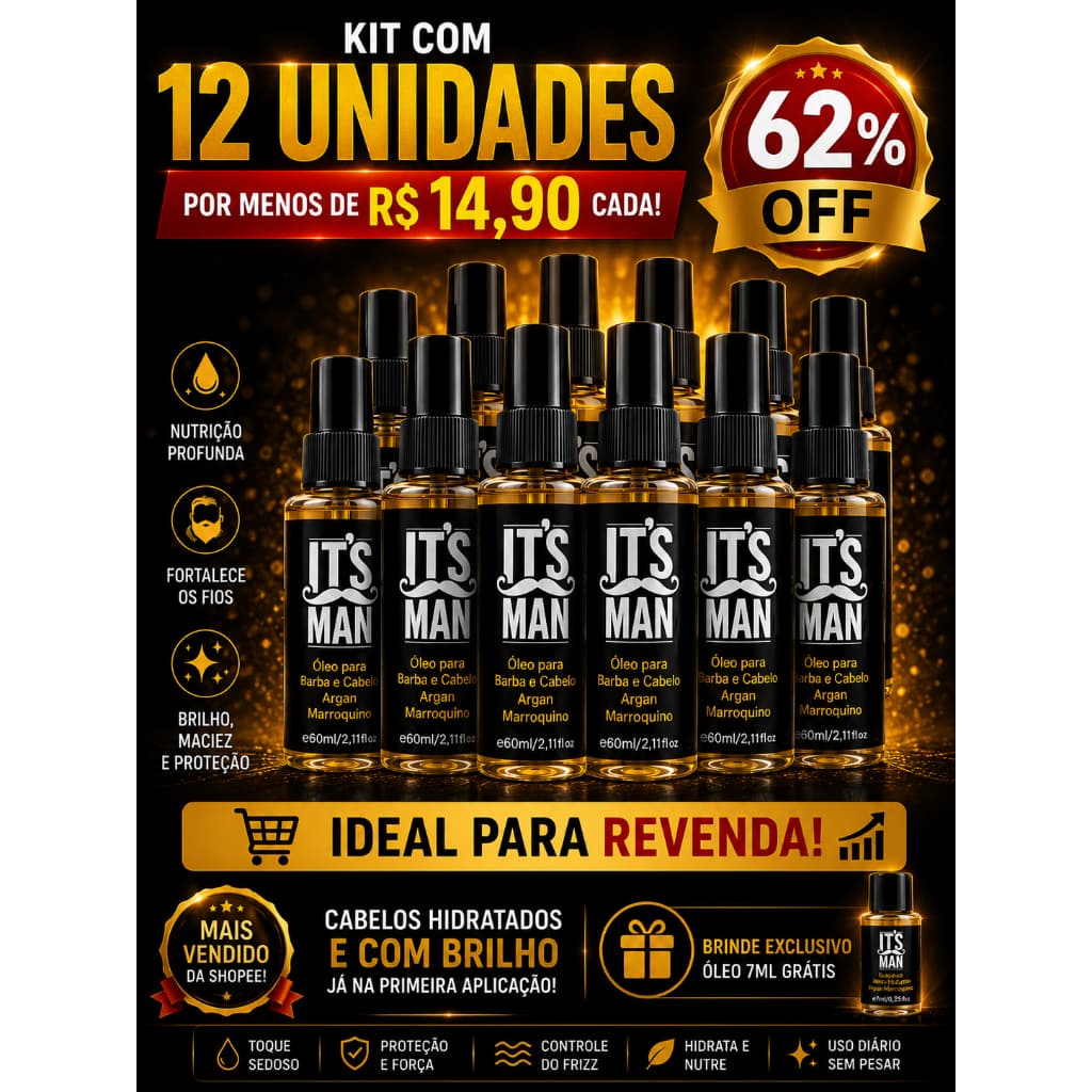 Óleo de Argan Marroquino ITS MAN 60ml Barba e Cabelo para Revenda + Mini 7ml Grátis