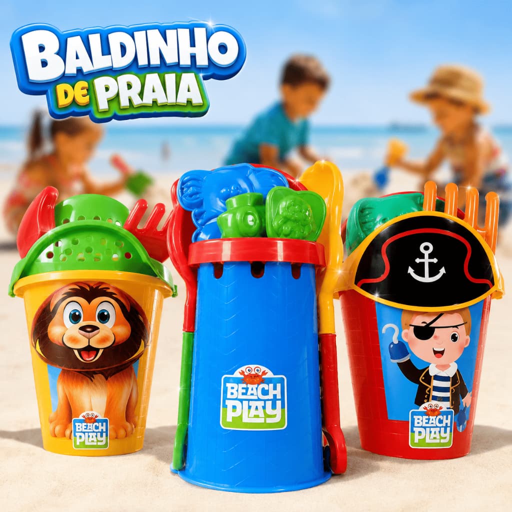 Baldinho de Praia Infantil Kit com Pázinha, Rastelo e Forminhas para Brincar na Areia
