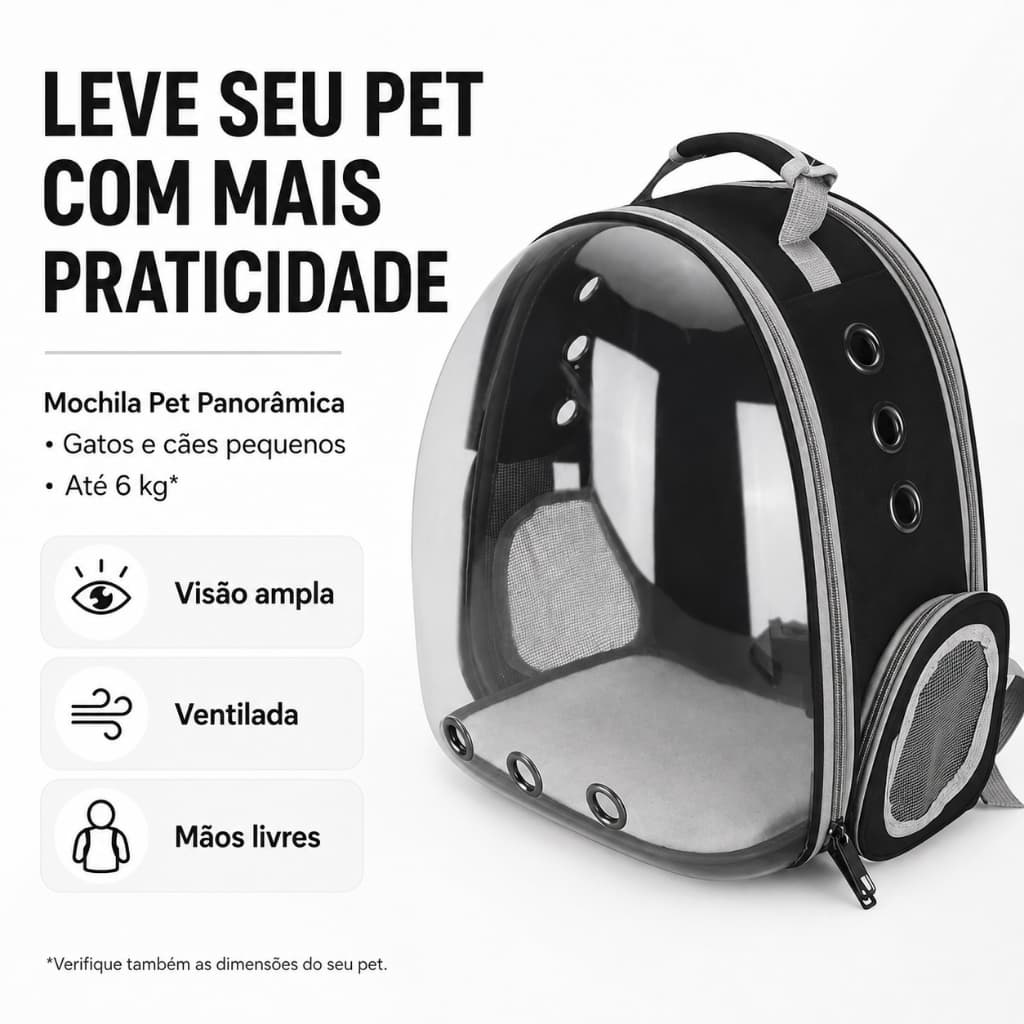 Mochila Pet Transporte para Gatos e Cachorros até 6kg Visão Panorâmica Ventilada Preta