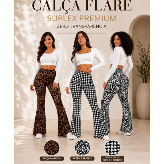 Calça Flare Feminina Animal Print– Cintura Alta | Suplex Premium | Do P ao G3
