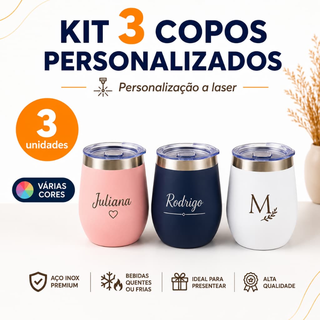 Kit 3 Copos Térmicos Cuia Personalizados Gravação Laser Inox Presente Criativo Premium