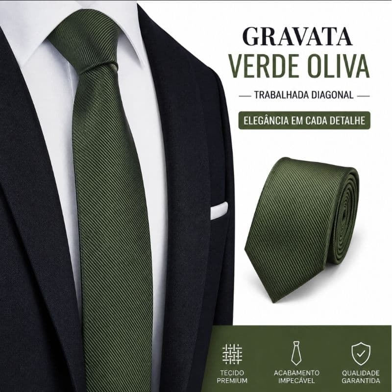 Gravata Verde Oliva Masculina Slim Social Elegante Trabalhada Diagonal Premium para Terno Casamento Formatura