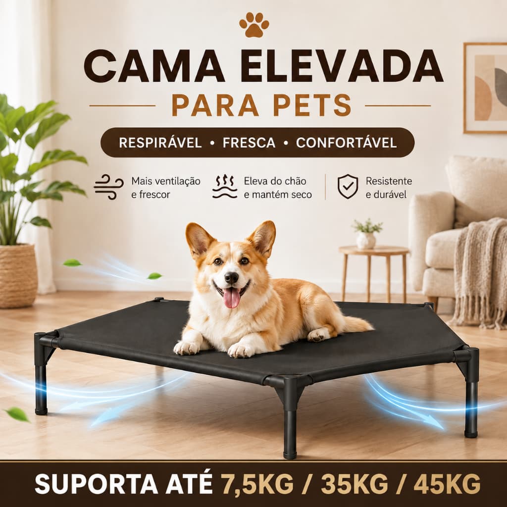 Cama de Camping para Pets (Cães e Filhotes) e Gatos – Portátil, Desmontável e Lavável (Inclui Rede para Cães)