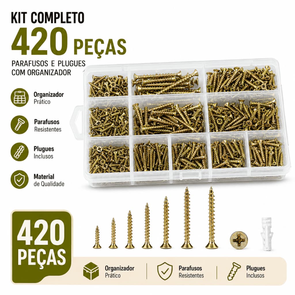 Kit 420 Peças De Parafusos E Plugues Com Organizador