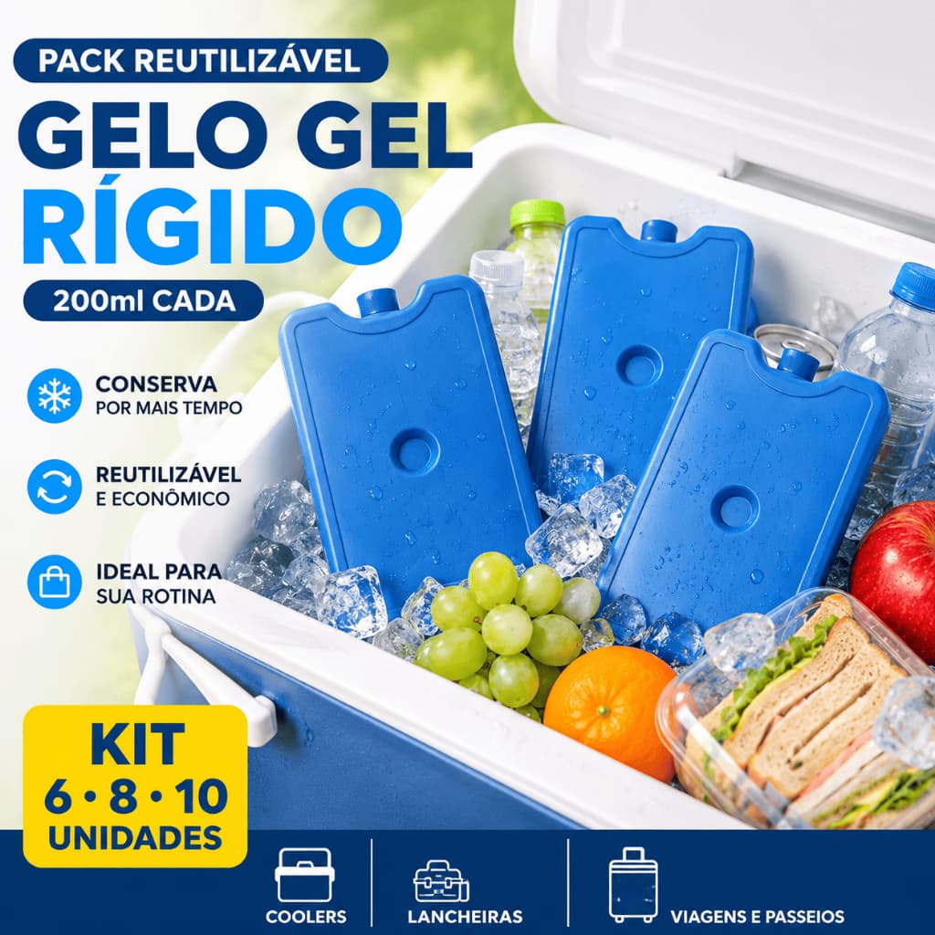 Kit Gelo Gel Rígido Reutilizável 200ml Pack com 6, 8 ou 10 Unidades Cooler Lancheira Bolsa Térmica